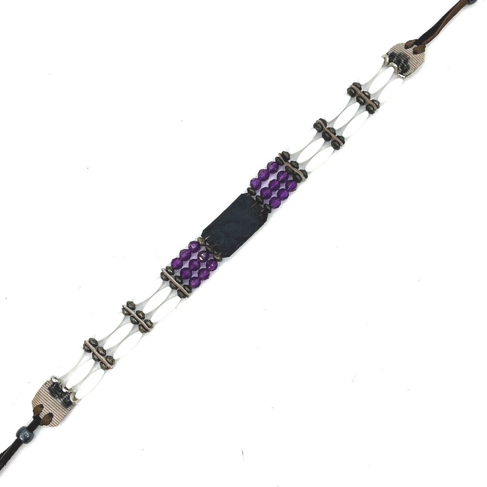Handmade Beaded & Soft Leather Choker Necklace Purple White Diamond Design - Picture 6 of 12